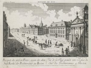 Vue d’Optique/Prospect des grossen Plasser der Alten Sud Kirche der Presbiterianer zu Boston (Optisk utsikt/utsikt over de store plassene mot Old South Presbyterian Church i Boston), ca. 1776 (etsing og gravering, ufarget på lagt papir)