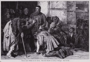 Andreas Hofer, leder av det tyrolske opprøret mot fransk og bayersk okkupasjon, tok farvel med sine tilhengere før han ble ført til Mantua for hans henrettelse av Franz von (after) Defregger