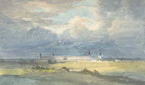 Landskap med stor bygning, 1818-83. av Franz von Hauslab
