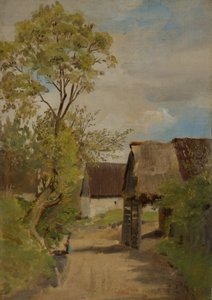 Landsbygate i Aresing (?) med kvinneskikkelse av Franz von Lenbach