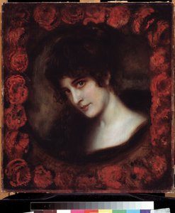 ""Portrait of a Woman"" (Portrait of a Woman) Ung mørkhåret kvinne med et ansikt innrammet av roser. Maleri av Franz Ritter von Stuck (1863-1928) Pushkin-museet på begynnelsen av 1900-tallet, Moskva av Franz von Stuck
