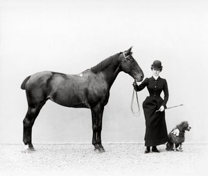 Portrett av frøken Walsh med en hest og en miniatyrpuddel på Villa di Montefonte, i Poggio Imperiale-området i Firenze, ca. 1890 (glassplate)