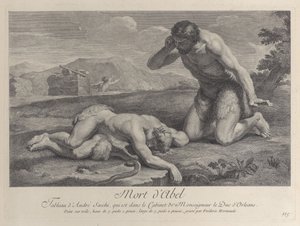 Adam kneler i sorg ved siden av kroppen til Abel, mens Kain flykter i bakgrunnen, ca. ..., ca. 1729. av Frédéric Horthemels
