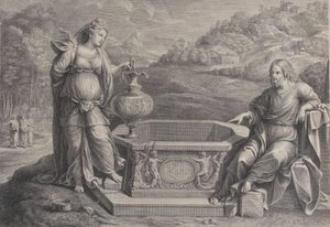 Kristus, som sitter til høyre, og kvinnen fra Samaria, som står til venstre, ca. 1729. av Frédéric Horthemels