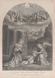 Jomfru Maria som tilber Kristusbarnet, en engel som holder en tornekrone til høyre,..., ca. 1729. av Frédéric Horthemels