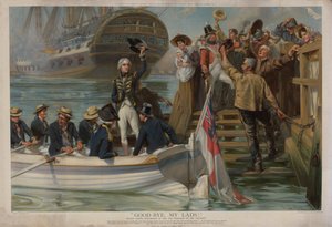 Nelson forlater Portsmouth for å seile til Trafalgar on the Victory (chromolitho)