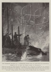 Den smale rømningen av en ubåt fra brann i Portsmouth havn av Fred T. Jane