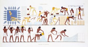 Brick-Making, fra en sjelden registrering av fresker fra Theben, registrert 1819-1822 på sitt andre besøk i Egypt av Frederic Cailliaud (1787-1869), farge litho