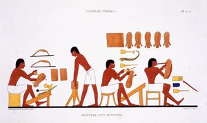 Leatherworkers from a Rare Record of Frescoes from Theben, registrert 1819-1822 på sitt andre besøk i Egypt av Frederic Cailliaud (1787-1869), farge litho