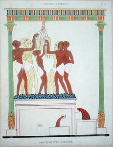 Pressing Grapes, kopi av et veggmaleri fra Theben, gravert av Smith (farge litho)