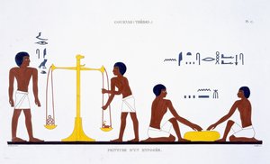 Rituals of Death (emne uklart), fra en sjelden registrering av fresker fra Theben, registrert 1819-1822 på sitt andre besøk i Egypt av Frederic Cailliaud (1787-1869) (farge litho)