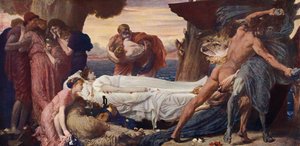 Hercules kjemper med døden for kroppen til Alcestis (farge litho)