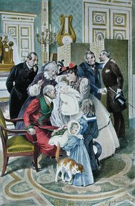 Besøket til besteforeldrene, etter en original akvarell, sent på 1800 -tallet (farge lito) av Frederic (after) Regamey