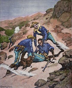 Redningen til korporal Scott under Geronimo-kampanjen i 1886 (farget gravering)