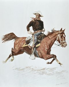 Amerikansk kavalerioffiser i kampanjedrakt fra 1870-tallet (litho-farge)