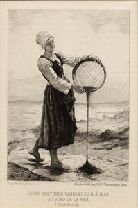 A Young Bretonne Winnowing Buckwheat at the Seaside, gravert av Cadart i 1874 (trykk)