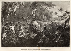 Abd es Samate, venn og løytnant av Mounza, kongen av Mombuttous, utfordrer fiendene sine Zandes (eller niam niam) som erklærte krig til dem, gravering etter tegningen av Laguillermie, som illustrerer en reise til hjertet av Afrika, i 1868- 1871, av
