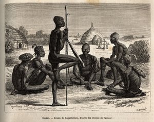 Dinkas fra landsbyen Koudj (Senegal), hvis kropp er dekket med aske, for å beskytte dem mot insekter og parasitter, er også et kosmetisk og sosialt trekk, gravert etter Laguillermies tegning, og illustrerer reisen til hjertet av Afrika i 1868-1871