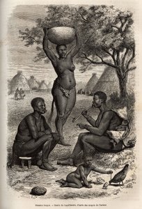 Typer og aktiviteter av kvinnelige Bongoer (Sentral-Sudan), med metallpynt, bjeller og stifter som de satte på ørene og leppene, gravert etter tegningen av Laguillermie, som illustrerer reisen til hjertet av Afrika i 1868-1871, av Dr. Geor
