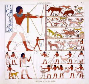 Jaktscener, fra en sjelden registrering av fresker fra Theben, registrert 1819-1822 på sitt andre besøk i Egypt av Frederic Cailliaud (1787-1869), farge litho