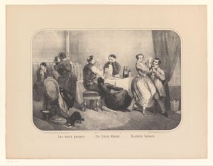 Gruppe av menn og kvinner i et interiør Les maris garçons / Die freien Männer / Bachelor hubants (tittel på objekt) av Frederic Charles Wentzel (possibly)