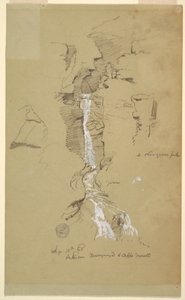 Tegning, kaskade mellom Ceppo Morelli og Macugnaga av Frederic Edwin Church
