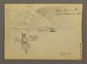 Tegning, slott ved vann, båt, trær, muligens 1868 av Frederic Edwin Church