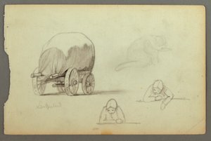 Tegning, overbygd vogn, tre studier av en kvinne, muligens 1868 av Frederic Edwin Church