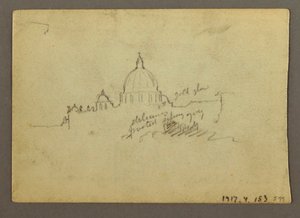 Tegning, fjernutsikt av kuppelen til Peterskirken, Roma, Italia, januar 1869 av Frederic Edwin Church