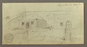 Tegning, kuppelhus, hus med trapp, februar muligens 1868 av Frederic Edwin Church