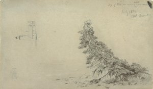 Tegning, eviggrønt tre nær kysten med en detalj av fyret og et hus, Mount Desert, Maine, juli 1850 av Frederic Edwin Church
