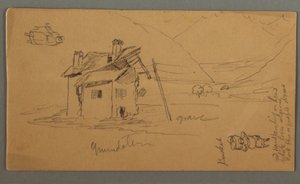 Tegning, Hlaf-ruinhus i dalen, to figurer, 1868 av Frederic Edwin Church