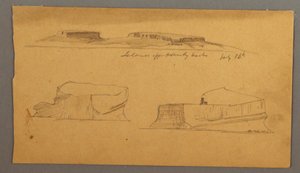 Tegning, øy utenfor Henly havn og to flytende isfjell, 16. juli 1859 av Frederic Edwin Church