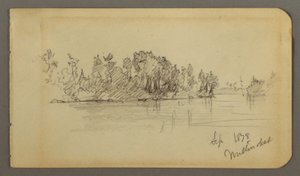 Tegning, Innsjø og skogkledd strand, 1878 av Frederic Edwin Church