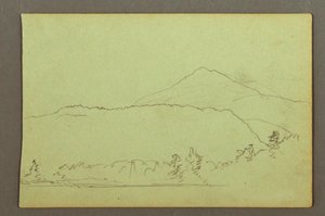 Tegning, innsjø, åskjede, muligens 1856 av Frederic Edwin Church