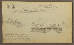 Tegning, Landskap, Tretopper, hus, 1857 av Frederic Edwin Church