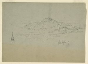 Tegning, motiv fra by i fjellandskap, 1868 av Frederic Edwin Church