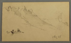 Tegning, Fjelltopper, To figurer i en robåt, august 1868 av Frederic Edwin Church