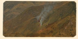 Tegning, fjellside med krattbål, juni 1865 av Frederic Edwin Church