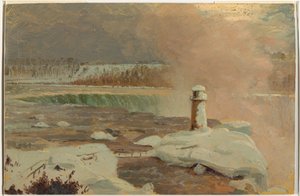 Tegning, Niagara-elven og fossene i snø, mars 1856 av Frederic Edwin Church