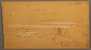 Tegning, elv gjennom fjelldal med himmel og halvmåne, november 1866 av Frederic Edwin Church