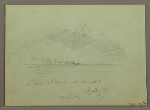 Tegning, Steiner foran kystlinjen, Steinete klipper ved kystlinjen, april 1869 av Frederic Edwin Church