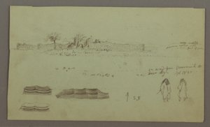 Tegning, Ruiner omgitt av murer, Telt, Tofigurstudier, 28. april 1868 av Frederic Edwin Church