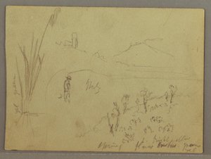 Tegning, skisser fra Italia: Bygging med et tårn, fjell og mann, 29. april 1869 av Frederic Edwin Church