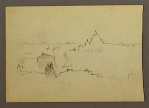 Tegning, Peterskirken sett fra nord mot åsene og Romas skyline, januar 1869 av Frederic Edwin Church
