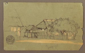 Tegning, gate med hus, Guayaquil, Ecuador, mai 1857 av Frederic Edwin Church