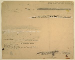 Tegning, studier av måker, steinete kyst og overskyet himmel, Great Manan, Canada, september 1851 av Frederic Edwin Church