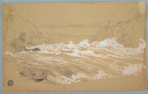 Tegning, The Gorge, Niagara, Ser mot hengebroen av Frederic Edwin Church