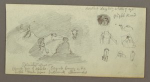 Tegning, to figurer og to kameler ved bål, figur- og kamelstudier, muligens 1868 av Frederic Edwin Church