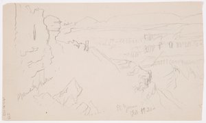 Tegning, utsikt over åsene og sletten mot fjellene, El Yemen-dalen, februar 1868 av Frederic Edwin Church